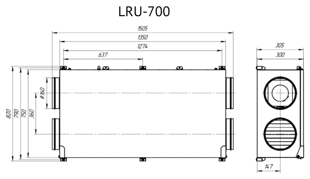 Габаритные размеры LRU-700-PNEN-FP, мм — Приточно-вытяжная установка Supervent LRU-700-PNEN-FP